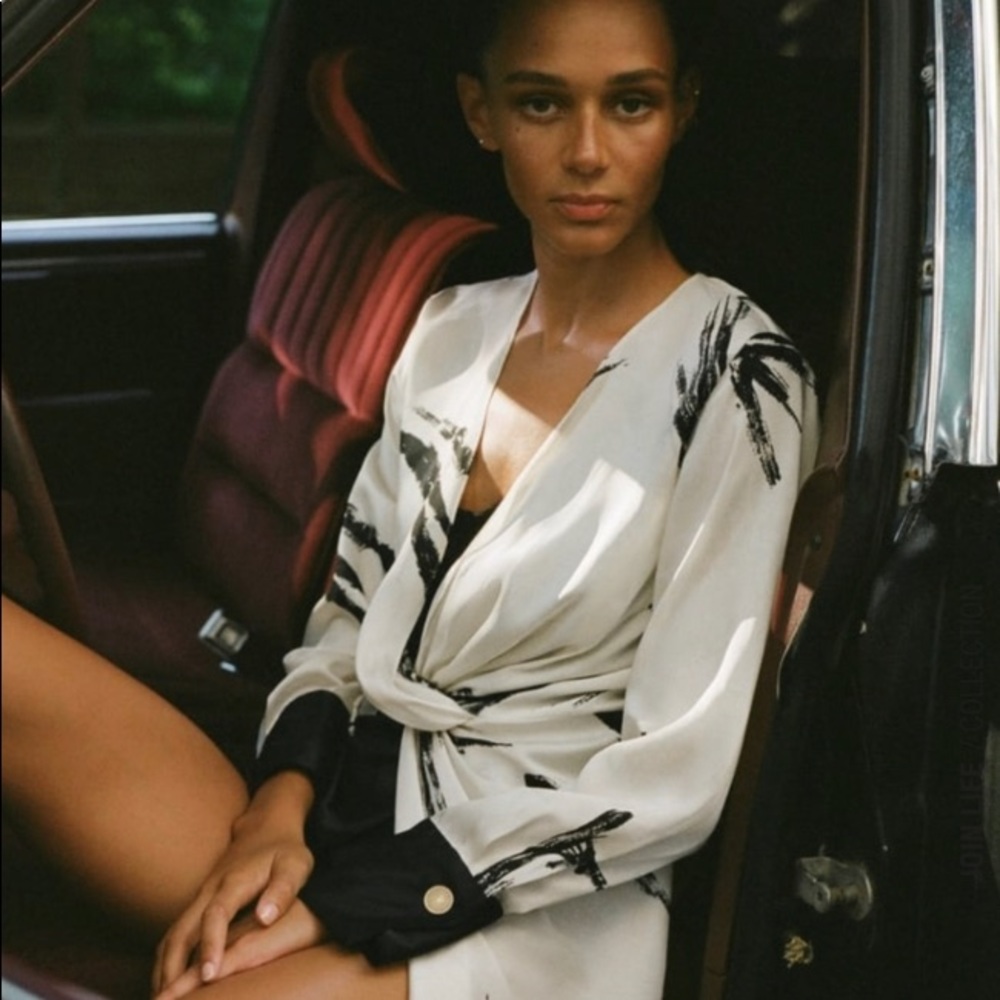 Zara Black and Cream Satin Blouse Zip back